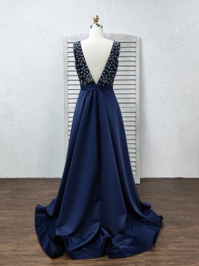 deep V back navy blue satin gown