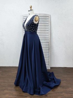 elegant navy blue satin A line long formal gown elegant navy blue satin A line long formal gown