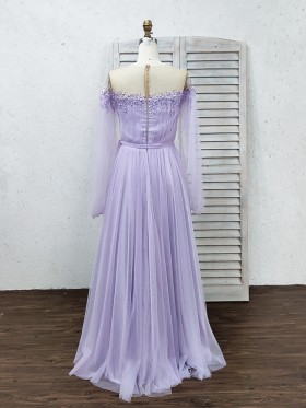 illusion off the shoulder beaded lilac tulle evening gown