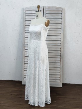 off the shoulder long sleeve white lace simple A line wedding dress