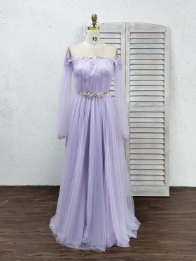 off the shoulder sheer sleeve beaded lilac tulle A line long evening dress