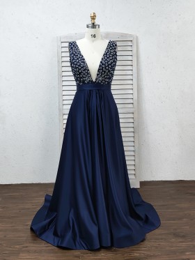 pearls beaded navy blue satin A line formal dress