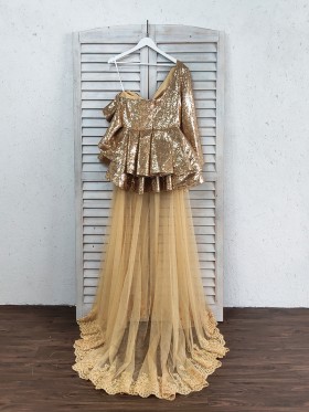 ruffled gold sequin and sheer tulle prom dress