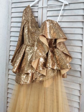 ruffled gold sequin dress