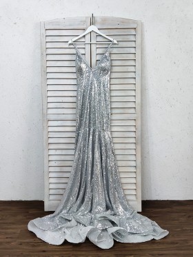 silver sequin long prom dress