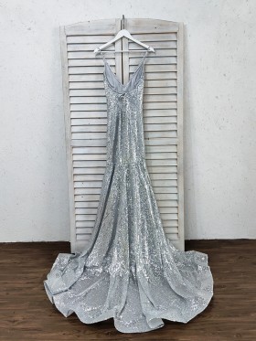 silver sequin prom dress with long train