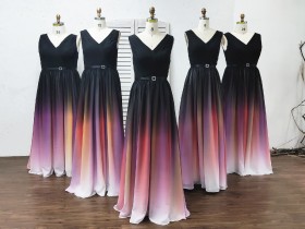 sleeveless V neck black to red ombre chiffon bridesmaid dresses