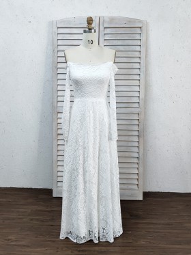white lace off the shoulder long sleeve A line wedding dress