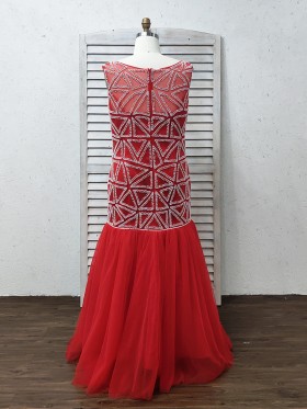 white triangle pearls embellished red tulle mermaid plus size prom dress
