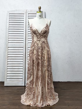 double thigh high slits gold sequin prom dress