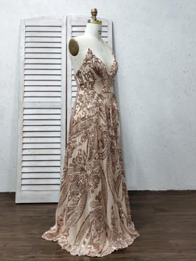 unique gold sequin A line long prom dress with double thigh high slits