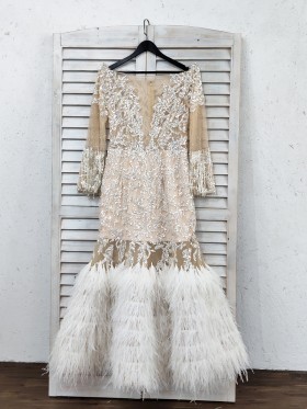 sparkly glitter tassel and feather trumpet prom dress