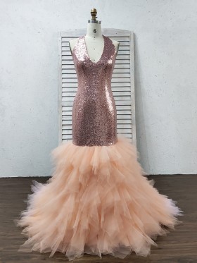 rose gold sequin with nudepink mixed tulle prom gown