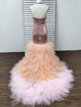 ruffled nude and pink mixed tulle long train prom dress ruffled nude and pink mixed tulle long train prom dress