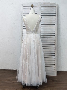 deep V back nude prom dress with lace appliques and tulle overlay