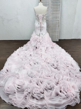 cascading ruffled light pink long train dress