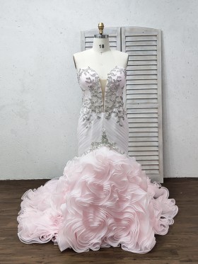 ruffled light pink organza train beaded bridal gown
