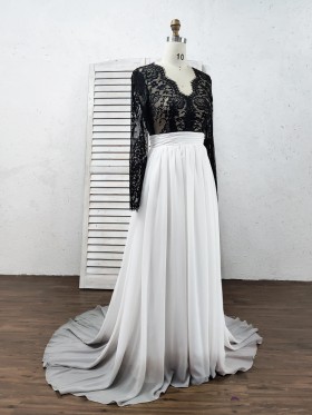 V neck long sleeve black and white to gray ombre wedding gown V neck long sleeve black and white to gray ombre wedding gown