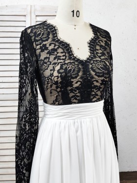 scalloped V neck long sleeve black lace top