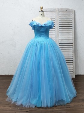 pretty butterfly embellished off the shoulder blue cinderella ball gown