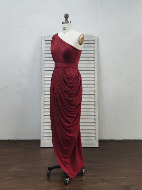 burgundy one shoulder draped long column prom dress