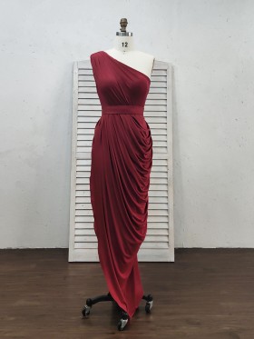 delicate draped burgundy one shoulder sheath long party dress