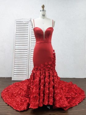 Red satin and 3D rosette mermaid long train prom gown