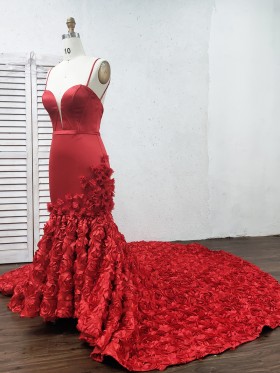 mermaid silhouette red satin and rosette long prom dress