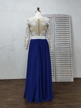 button up back illusion white back with blue bottom long prom dress