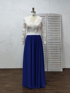 pearls adorned white lace and blue chiffon prom dress