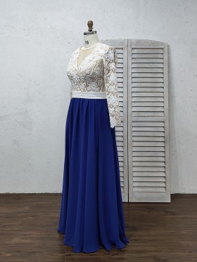 white lace long sleeve and royal blue chiffon bottom two tone prom dress