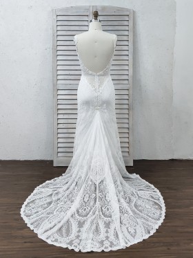 chapel train lace low back wedding dress