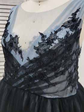 beaded lace appliqued indigo and black tulle mixed bodice