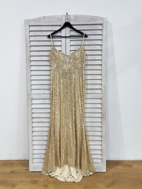 Sparkly gold linear sequin long prom dress