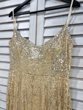 V neckline with spaghetti straps gold sequin dress V neckline with spaghetti straps gold sequin dress