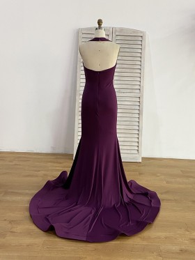 grape purple long bridesmaid dress with a train