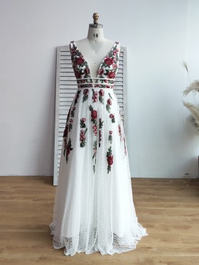 plunging neckline floor length white lace formal dress with red flowers embroidery