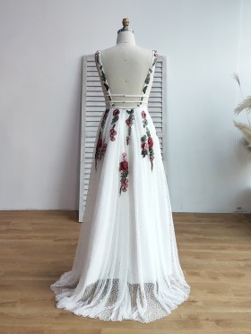 red flowers and green leaves embroidered low back white lace floor length dress red flowers and green leaves embroidered low back white lace floor length dress