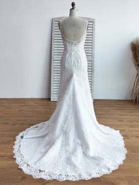 ivory lace chapel train mermaid long wedding dress