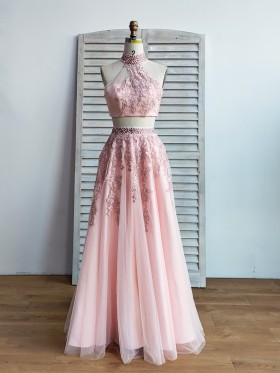 beaded choker neck pink lace and tulle two piece prom dress