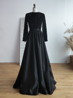 black sequin and satin A line long formal dress with closed back and long sleeves black sequin and satin A line long formal dress with closed back and long sleeves