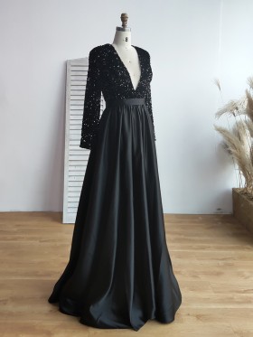 plunging V neckline and black floor length A line formal dress