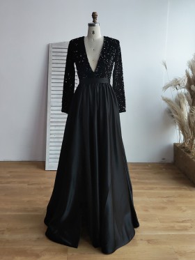 sexy black sequin and satin split long formal dress