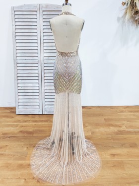 backless diamond beaded sheer long prom dress