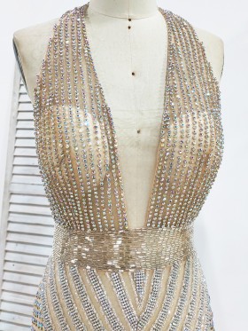 beaded diamond plunging neckline see through dress