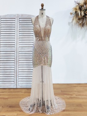 bedazzled crystals diamond sexy sheer prom gala dress