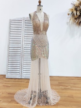 crystals beaded sexy sheer long prom gala dress crystals beaded sexy sheer long prom gala dress