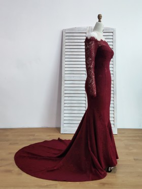 burgundy lace long sleeve mermaid formal dress with long train