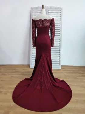 burgundy lace long train formal dress