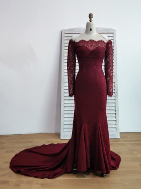 long sleeves off shoulder burgundy lace formal dress